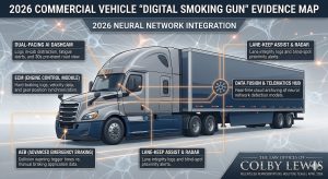 Diagram of 2026 commercial vehicle telematics, AI dashcams, and ECM data used in Houston truck accident litigation.