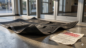 A damaged, buckled black floor mat at a commercial entrance presenting a clear trip hazard.