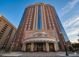 The exterior of a courthouse with the Houston skyline , highlighting the importance of filing lawsuits in a venue where jurors understand local medical costs.