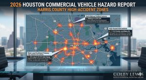Map of Houston commercial vehicle accident hazard zones including the 610 and US-59 interchange, Beltway 8, and I-10.