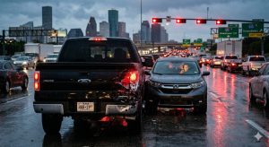 Two cars in a rear-end collision on a Houston highway due to distracted driving , illustrating a scenario where an at-fault driver's insurance may fail to cover the resulting medical bills.