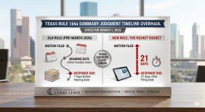 Comparison timeline showing the March 1, 2026 Texas Rule 166a summary judgment changes versus the old rule.