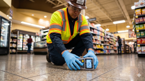 An independent Walkway Auditor Certificate Holder performing coefficient of friction testing on a retail floor. 