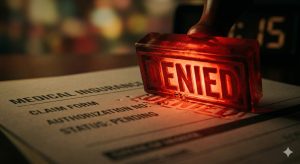 A denied insurance claim file , representing bad faith practices when carriers stall or refuse claims without reasonable grounds.