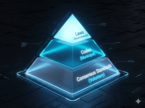 A pyramid hierarchy showing laws at the top, codes in the middle, and voluntary consensus standards forming the broad base.