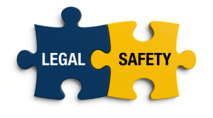 Two interlocking puzzle pieces labeled Legal and Safety, representing the intersection of terminology in premises liability. 