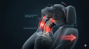 Medical 3D rendering demonstrating cervical hyperextension , showing how disc herniations can occur at impact speeds as low as 5 mph