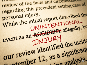 The word accident crossed out in red ink on a legal document with the phrase unintentional injury written above it.