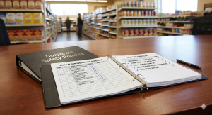 An open corporate safety policy binder showing floor inspection checklists in a blurred retail grocery setting.