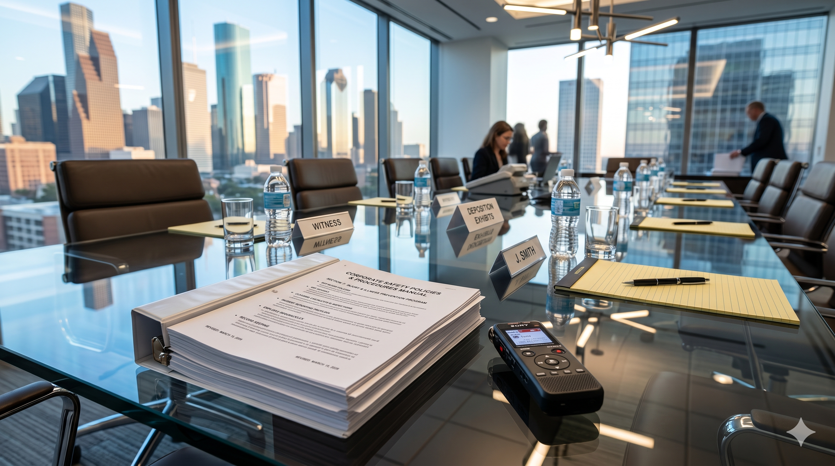 A conference room table prepared for a slip and fall corporate representative deposition with safety documents.