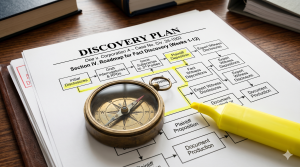 A brass compass resting on a legal discovery plan, illustrating the litigation roadmap for premises liability cases.
