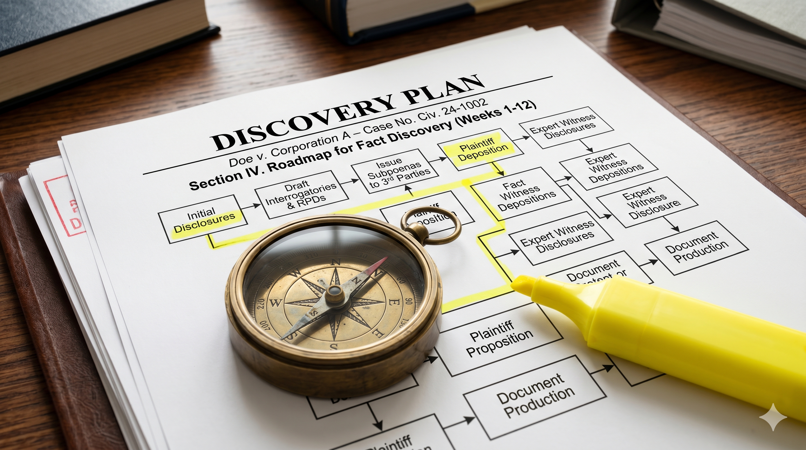 A brass compass resting on a legal discovery plan, illustrating the litigation roadmap for premises liability cases.