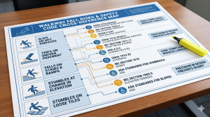 A detailed blueprint mapping slip and fall event types to specific safety standards for legal discovery. 