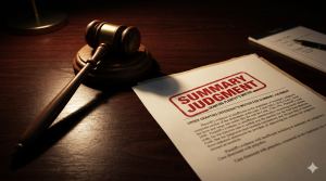 A judge's gavel next to a legal document stamped Summary Judgment, illustrating the cost of poor case preparation. 