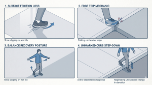 A four-panel illustration showing the physical difference between a slip, a trip, a stumble, and an air step. 