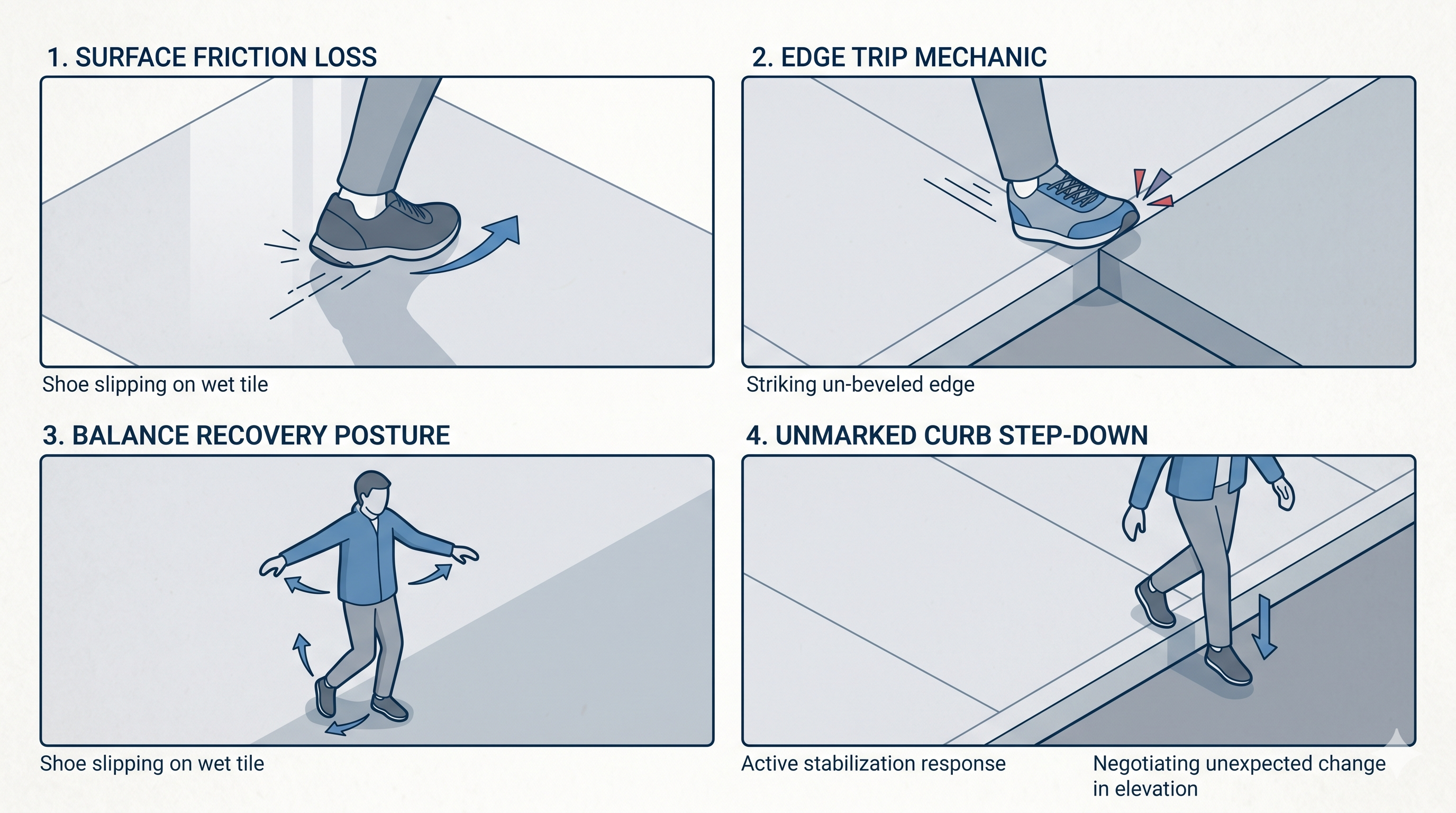 A four-panel illustration showing the physical difference between a slip, a trip, a stumble, and an air step.