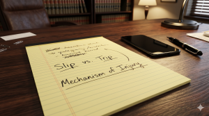 A lawyer's legal pad with notes on the mechanism of injury for a slip and fall case intake.