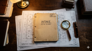 A lawyer's desk showing a personal injury intake file surrounded by building blueprints, illustrating the technical nature of slip, trip, and fall litigation. 