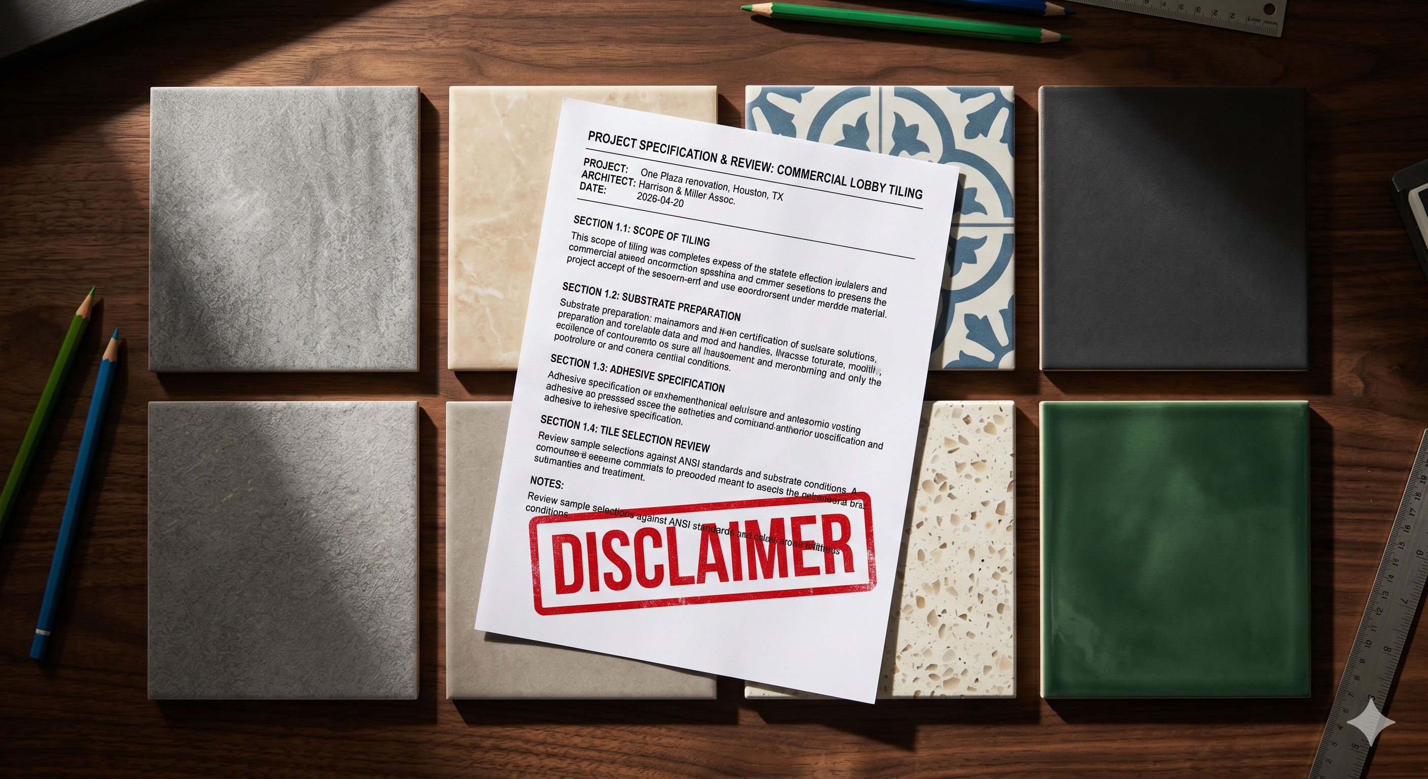 Ceramic tile samples on a desk with a technical document stamped with a red disclaimer warning.