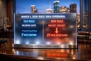 Diagram showing the March 1, 2026, Texas Rule 166a summary judgment timeline overhaul utilized by Texas Bar College Fellow Colby Lewis.