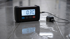 A digital tribometer testing the wet dynamic coefficient of friction on a commercial tile floor.