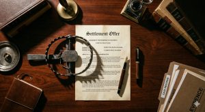 A settlement check placed next to a steel trap, representing the danger of accepting a third-party settlement without obtaining written consent from your UIM carrier.
