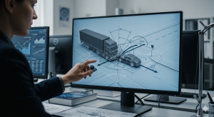An accident reconstruction expert analyzing a 3D digital model of a truck crash on screen to prove how the collision happened