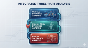 Three-step biomechanical analysis flowchart: vehicle dynamics, human body dynamics, and human tolerance