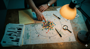 A security expert’s crime-grid analysis with a city map, one-mile radius, and marked police reports used to prove foreseeability under the Timberwalk factors.