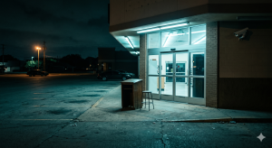 An empty, unstaffed security guard station outside a darkened store at night, illustrating inadequate security at a high-risk Texas property.