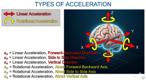  Illustration of linear versus rotational head acceleration in a car crash, with rotational twisting shown as the main cause of diffuse axonal injury