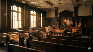 An empty Texas courtroom lit by dramatic light, representing the trial date that pressures the trucking company into a fair settlement