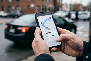 Hand holding a phone showing rideshare trip data and route map after a Texas crash