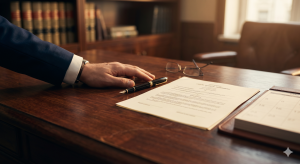 A formal legal demand letter and calendar on an attorney's desk, representing the time-limited policy-limits demand that pressures a trucking company to settle