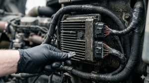 Close-up of a commercial truck's electronic control module, the black box that records speed and braking data before a crash