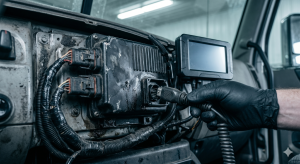 A truck's electronic logging device and black box data recorder being inspected, the key evidence in a Texas semi-truck accident claim