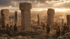 Reconstruction of Gobekli Tepe's circle of carved T-shaped stone pillars on a hilltop at dawn.