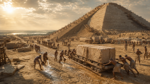 Reconstruction of the Great Pyramid of Giza under construction with earthen ramps and laborers hauling stone blocks on sledges.