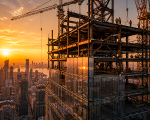 A modern steel-and-glass skyscraper under construction with tower cranes at golden hour.