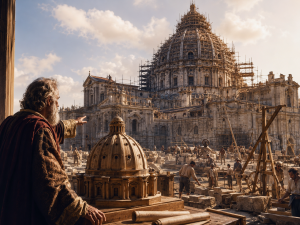 Reconstruction of St. Peter's Basilica dome under construction with scaffolding, a wooden model, and workers.