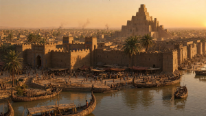 Reconstruction of the mud-brick walls and ziggurat of the Sumerian city of Uruk at golden hour.