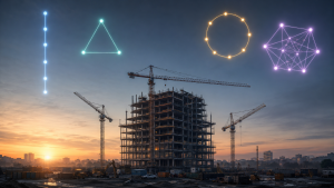 Four different organizational charts hovering over one building under construction, representing construction project delivery methods