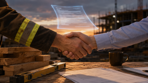 Ghostly translucent contract hovering over a handshake at a construction site, representing implied contracts and quantum meruit