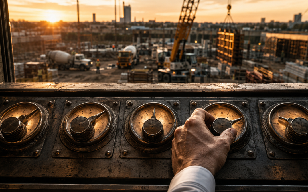 Row of risk dials on a control panel over construction pricing documents, representing construction contract pricing types from fixed price to time and materials