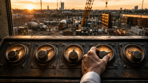Row of risk dials on a control panel over construction pricing documents, representing construction contract pricing types from fixed price to time and materials