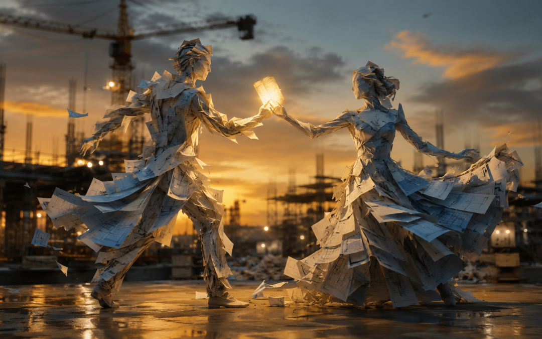 Two dancers in silhouette formed from contract documents above a construction site, representing the offer and acceptance mating dance of contract formation