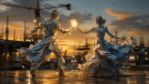 Two dancers in silhouette formed from contract documents above a construction site, representing the offer and acceptance mating dance of contract formation