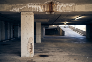 Concrete column and ceiling in a residential parking garage showing cracking, spalling, and water staining