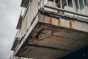 Underside of a concrete condominium balcony showing rust staining and spalling from failed waterproofing