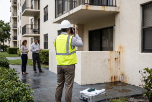 Engineer in a hard hat documenting exterior wall and balcony conditions at a condominium building